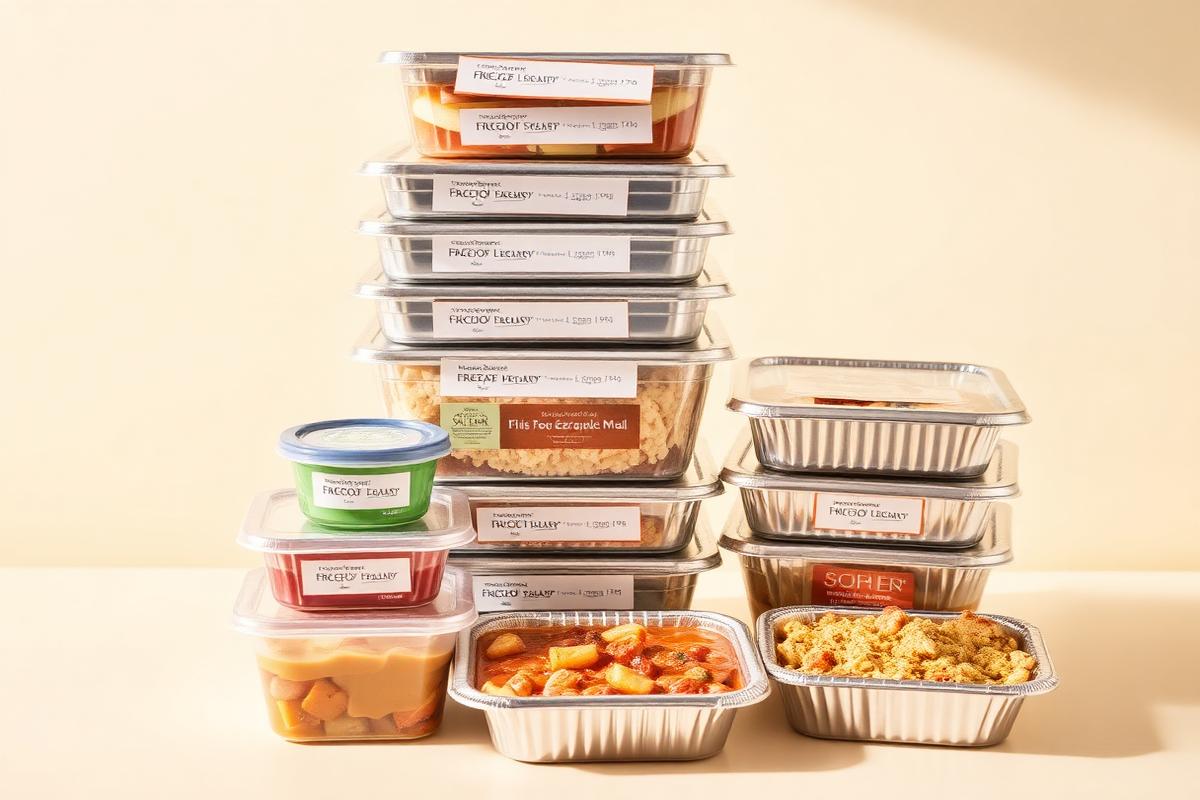 Labelled freezer meal containers stacked on a cream background