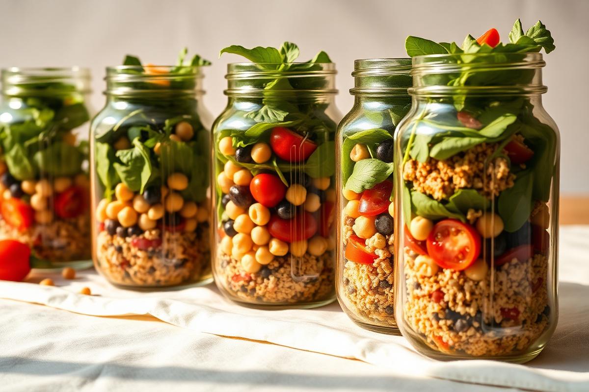 Row of layered mason jar salads on a linen surface