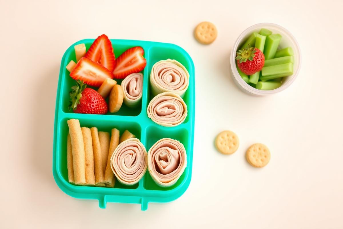 Children's bento lunchbox with wraps, strawberries and cucumber